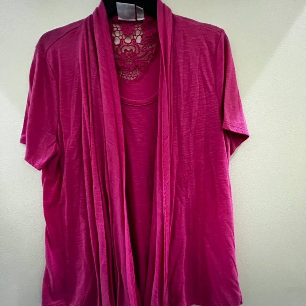 Kim Rogers Pink Blouse Short Sleeve Size XL Lace Cutout EUC